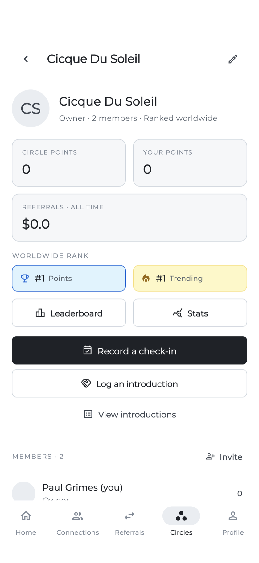 Referrals app Circle showing points, worldwide rank and leaderboard