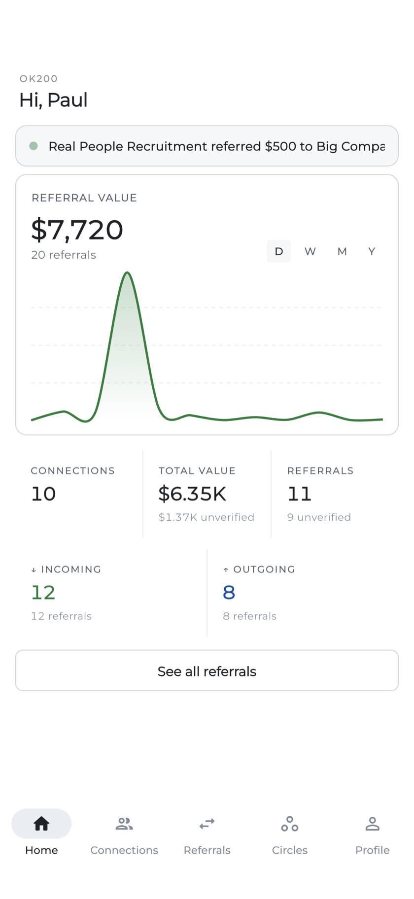 The Referrals app dashboard showing tracked referral value and network stats on iPhone
