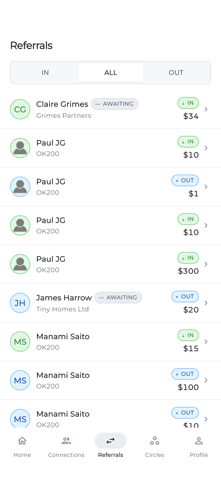 Referrals app showing incoming and outgoing referrals with their values